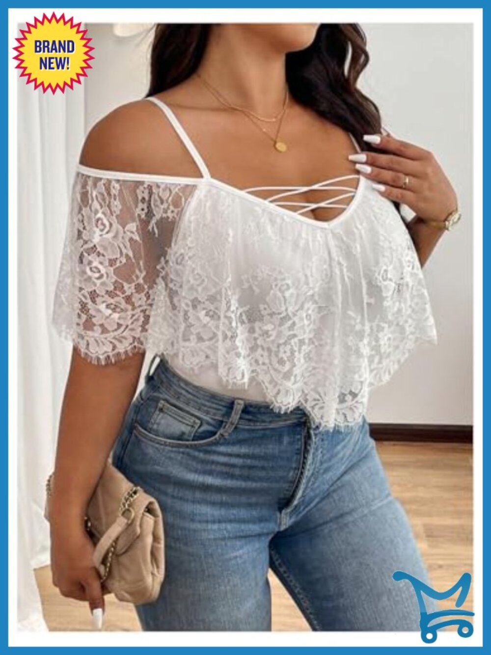 Plus Size Lace Cold Shoulder Short Sleeve Bodysuit Top - Picture 3 of 4